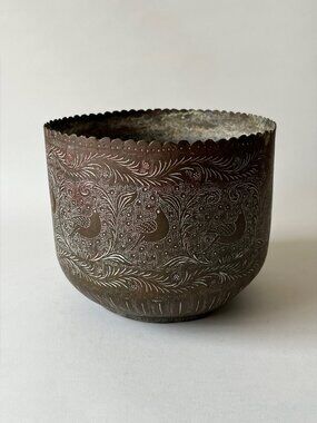 Antique 19th C. Anglo-Indian Chased Brass Jardiniere Chased Bird Motif 6.75”